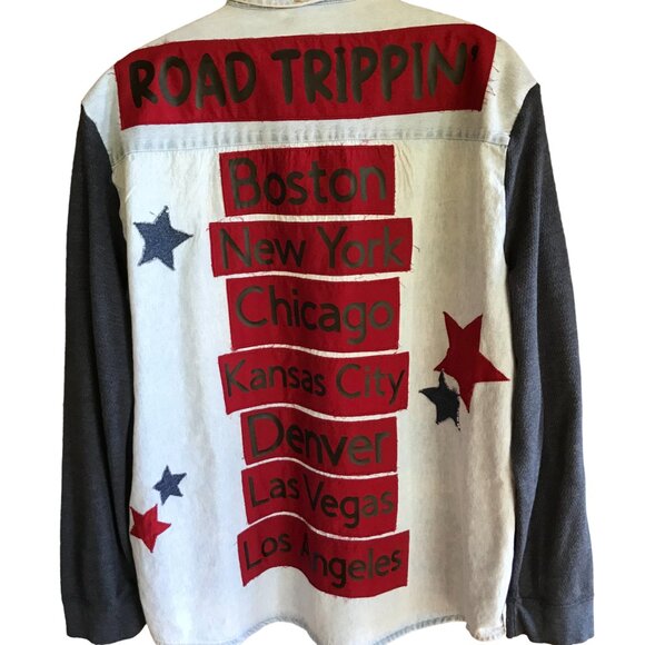 Upcycled Denim Road Trip Shirt: Patchwork Stars, Waffle Knit Sleeves (Unisex XL) - Picture 1 of 12